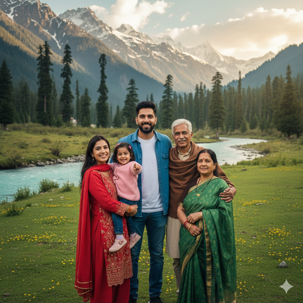 A joyful family photo of Rohan Kumar, his wife, children, and parents enjoying their Kashmir vacation amidst lush meadows and snow-capped peaks.